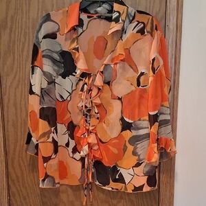 Vintage Vibrant Floral Women's Blouse - Orange and Black